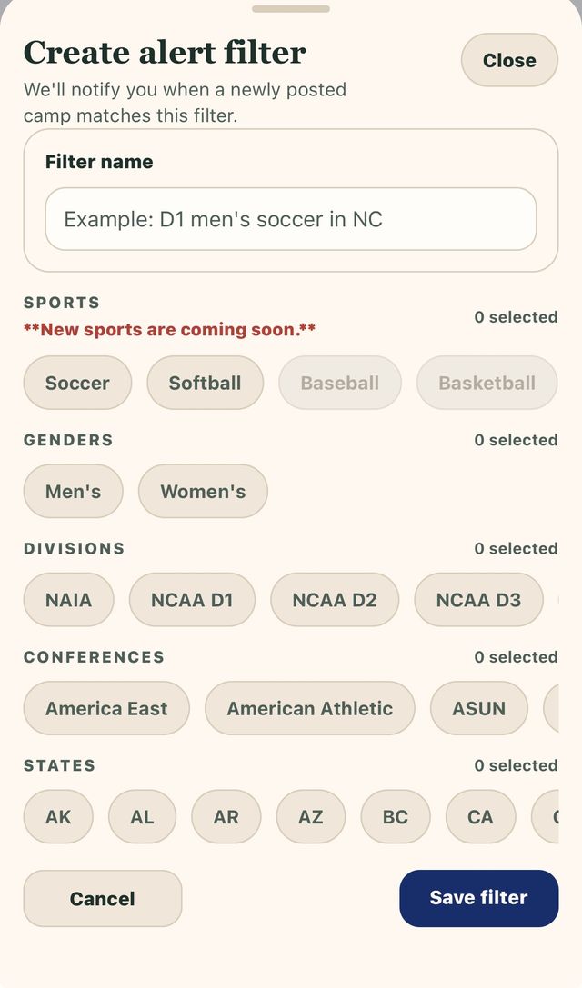 Create alert filter sheet in the app: pick sport, gender, division, conference and state, and get notified when a newly posted camp matches