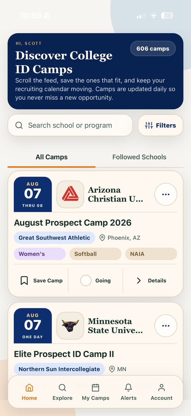 Home feed of the ID Camp Finder app: searchable, filterable cards for every upcoming camp